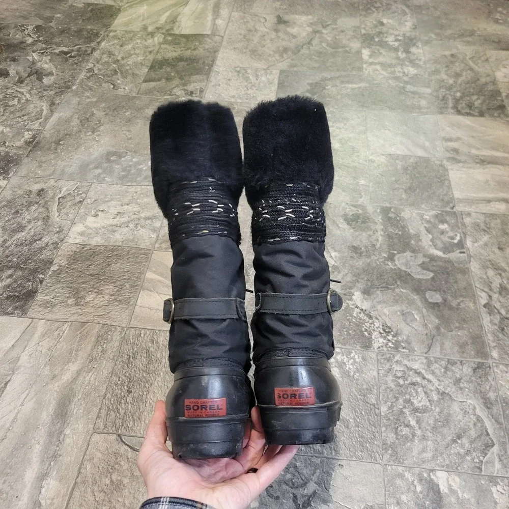 Vintage 90s y2k Sorel Winter Boots Black Faux Fur‎ Trim Lace Up Duck Boots 10